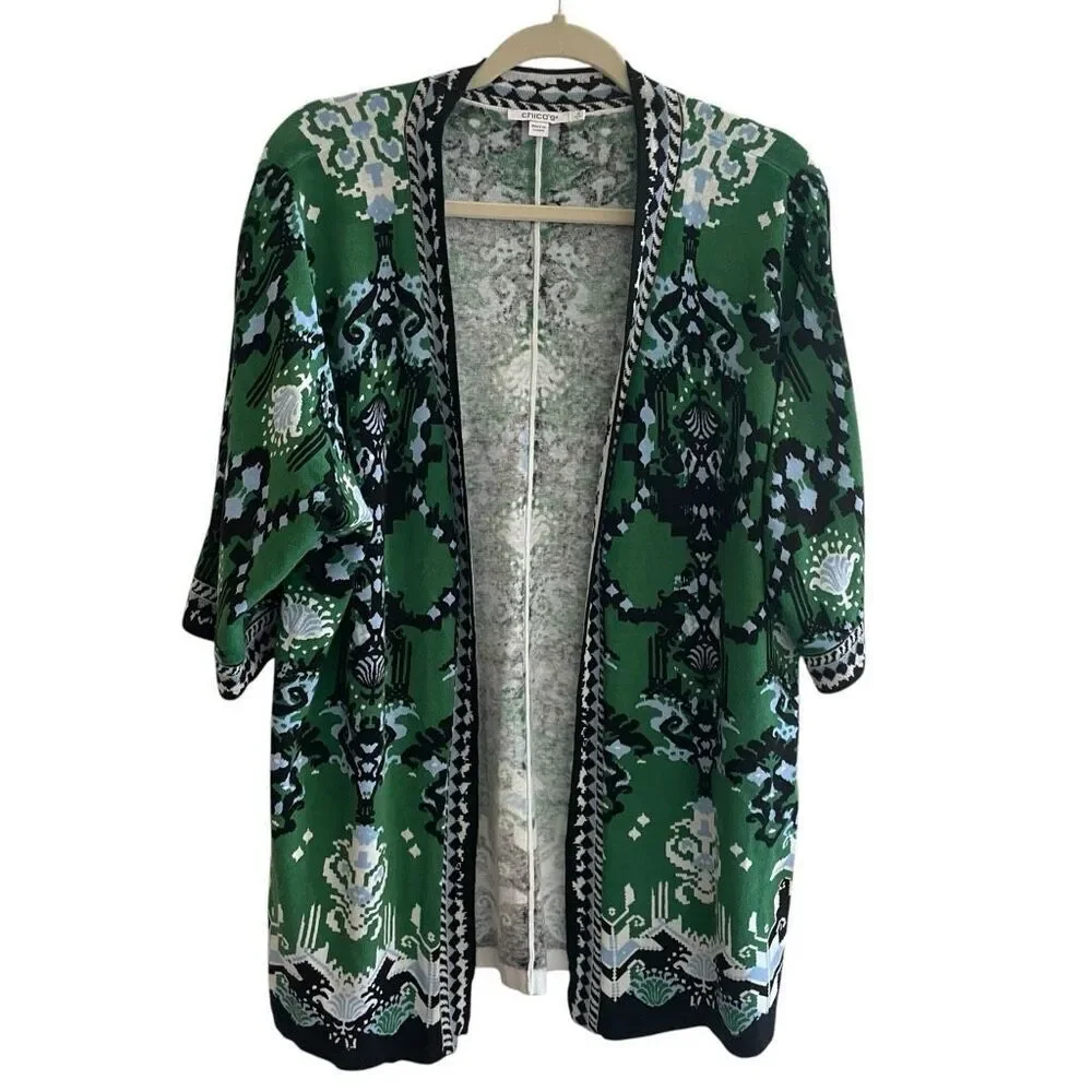 Chico’s Green Ikat Print Cardigan Kimono Linen Sweater Women’s Size 2 Large - Picture 1 of 6
